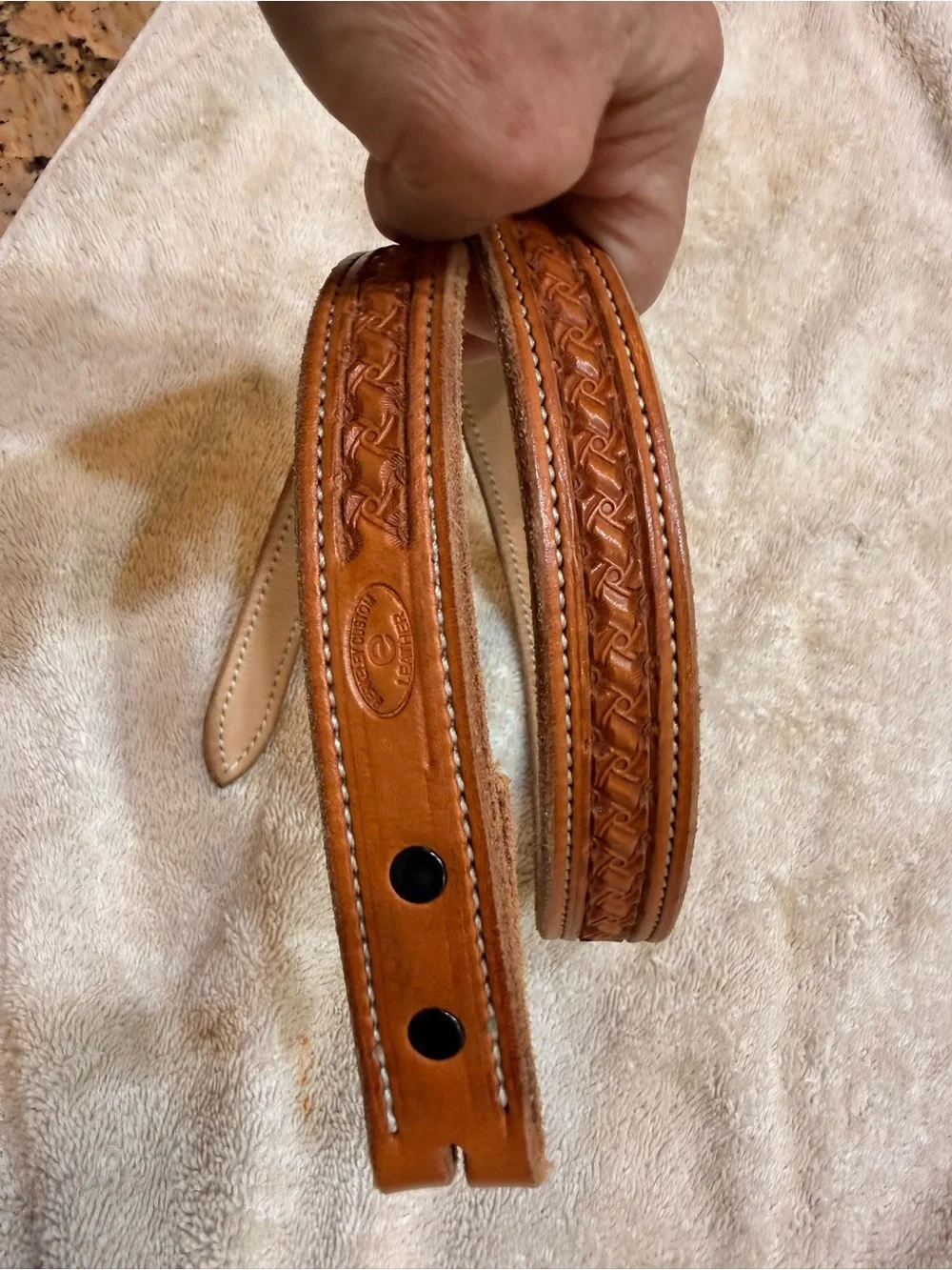 Berkeley’s Custom Leather brand Tan stamped Tooled Leather Belt - never used